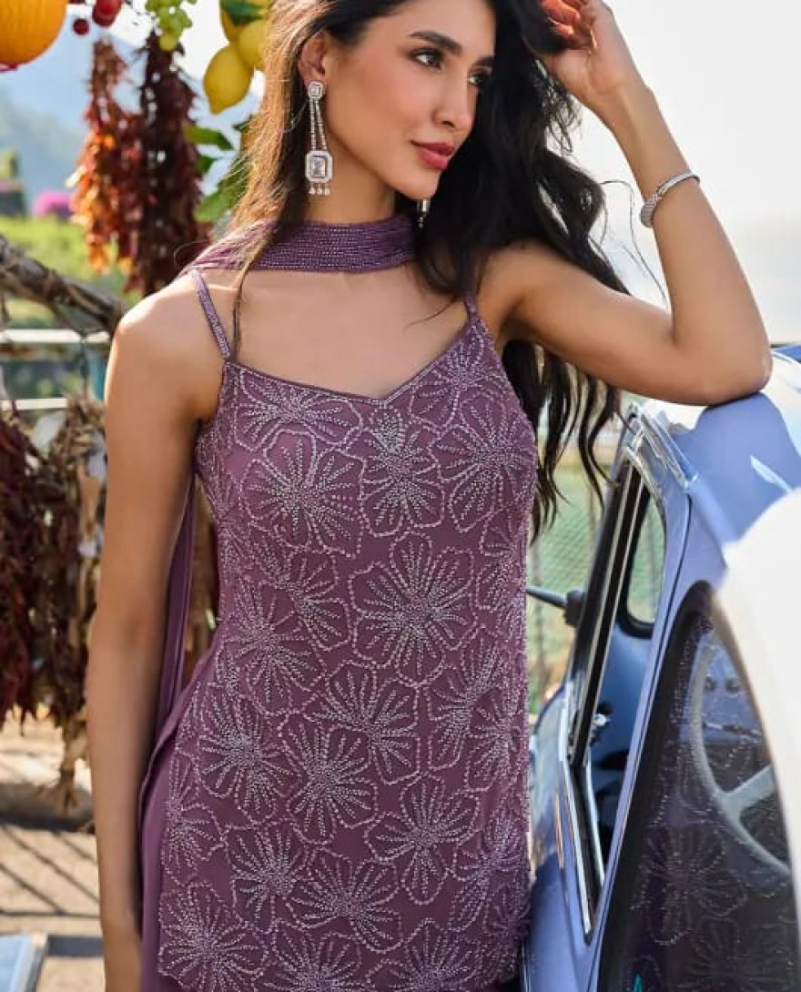 PURPLE - Amethyst Embroidered Georgette Designer Suit